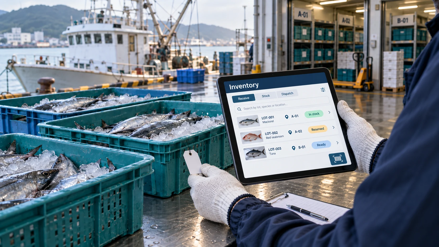 FishOffice warehouse AI illustration: a worker checks fish batches on a tablet showing inventory, storage locations and dispatch status beside cold-storage racks and fish crates.